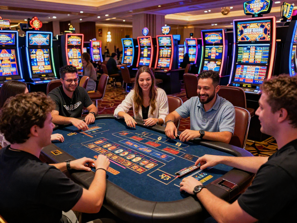Une scène animée de joueur dans un casino gratuit, montrant l'excitation autour des machines à sous et des jeux de table.