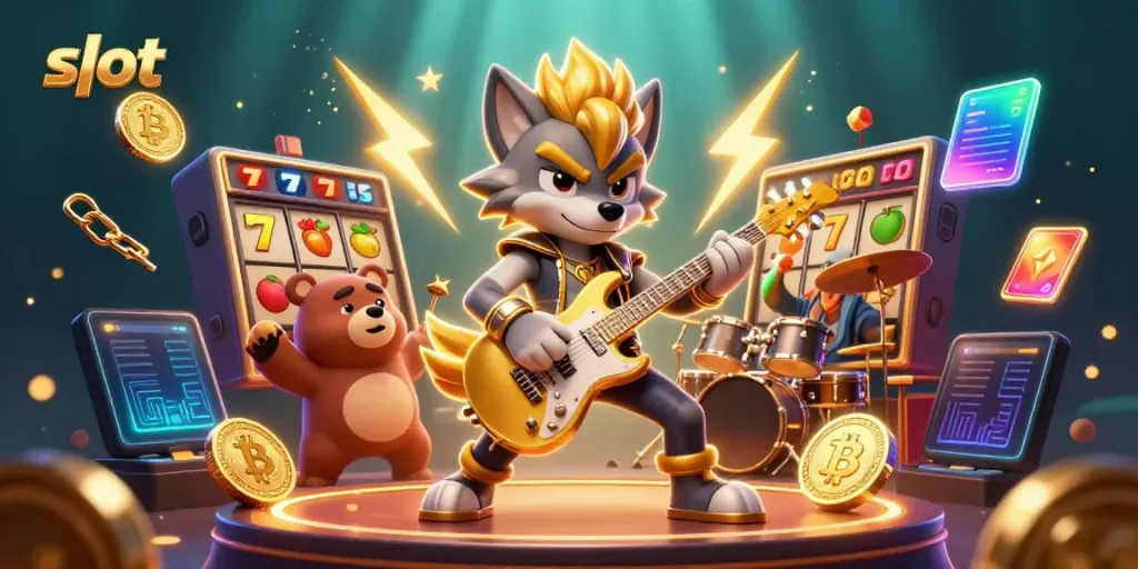 Slot yang menggambarkan karakter kartun serigala rock star bermain gitar di panggung kasino dengan efek cahaya menarik.