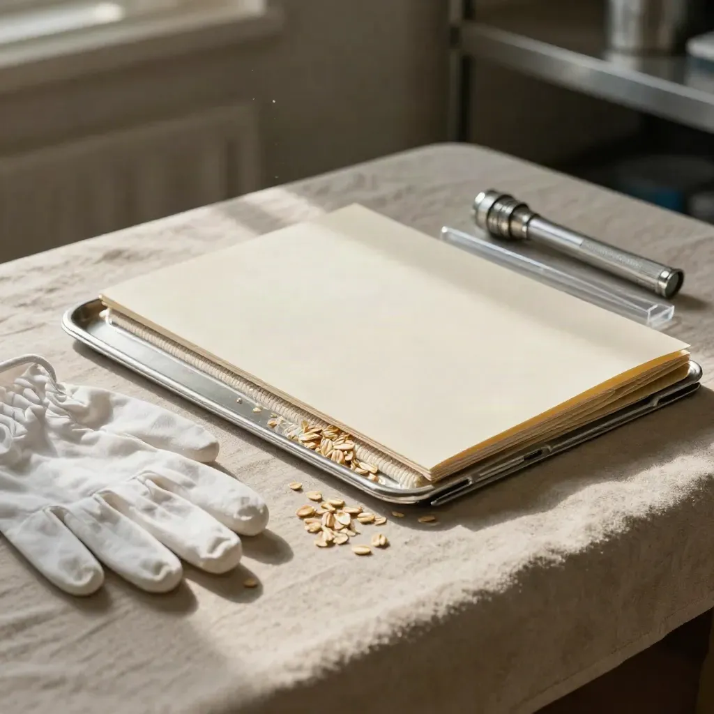 Kit d’inspection qualité sur lin brut, gants blancs, dossier vierge, plateaux scellés et lampe acier.
