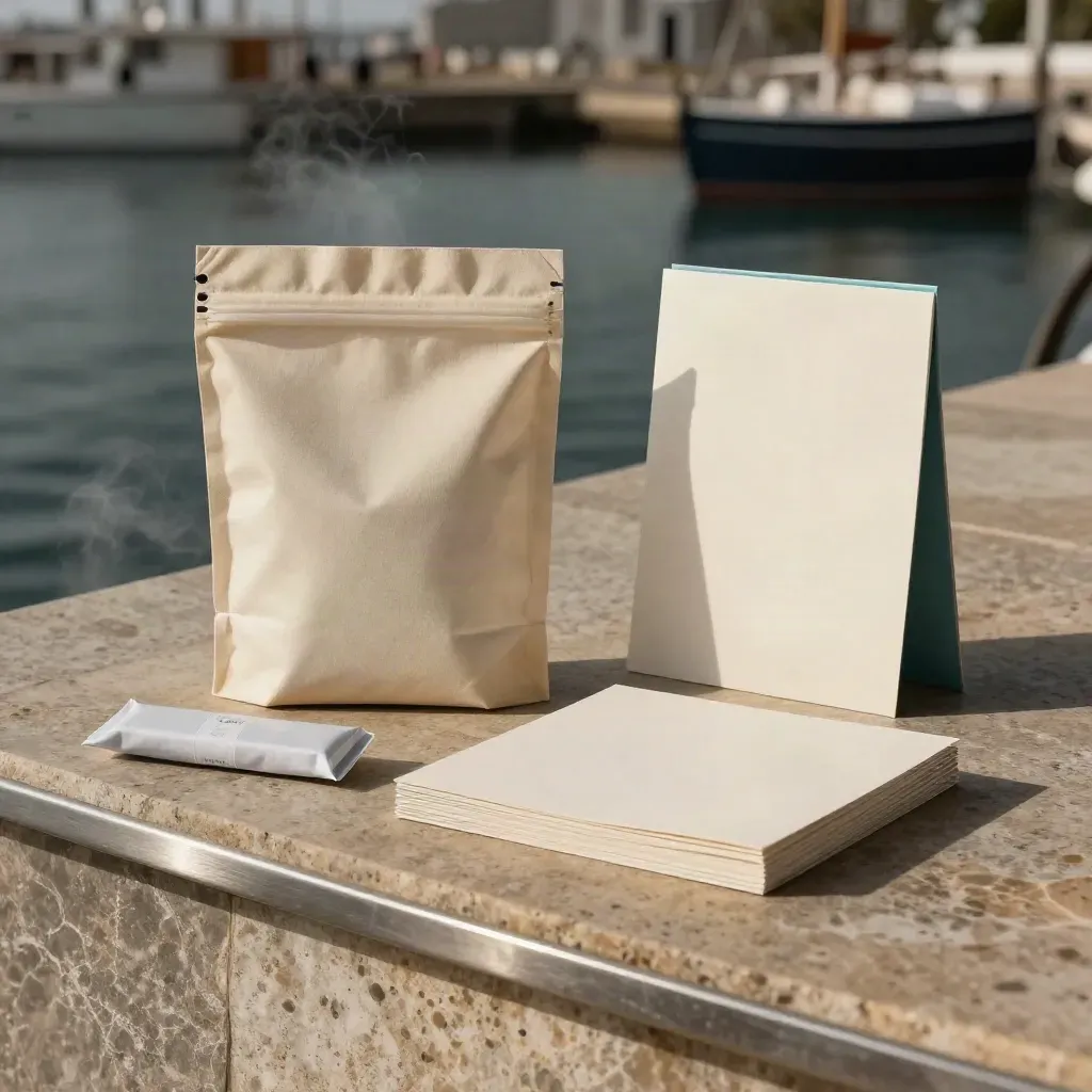 Kit PME d’expédition et contrôle posé sur une pierre chaude, ambiance portuaire élégante.