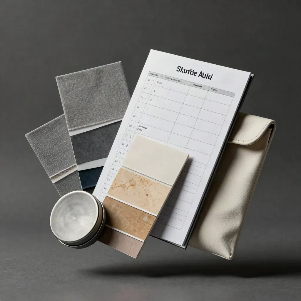 Folio d’audit fournisseur avec échantillons, boîte à sceau et pochette sur fond graphite.