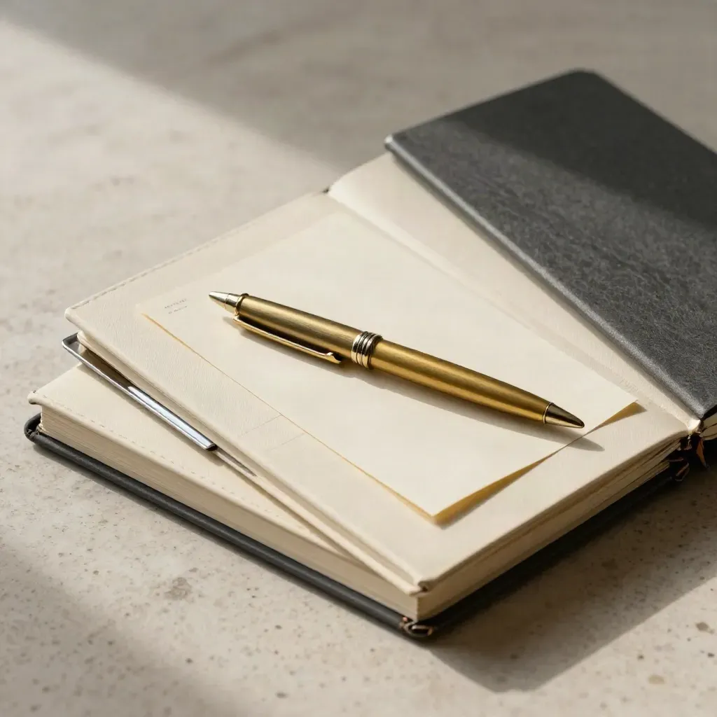 Carnet bilingue, stylo en laiton et cartes sur travertin, lumière studio douce.