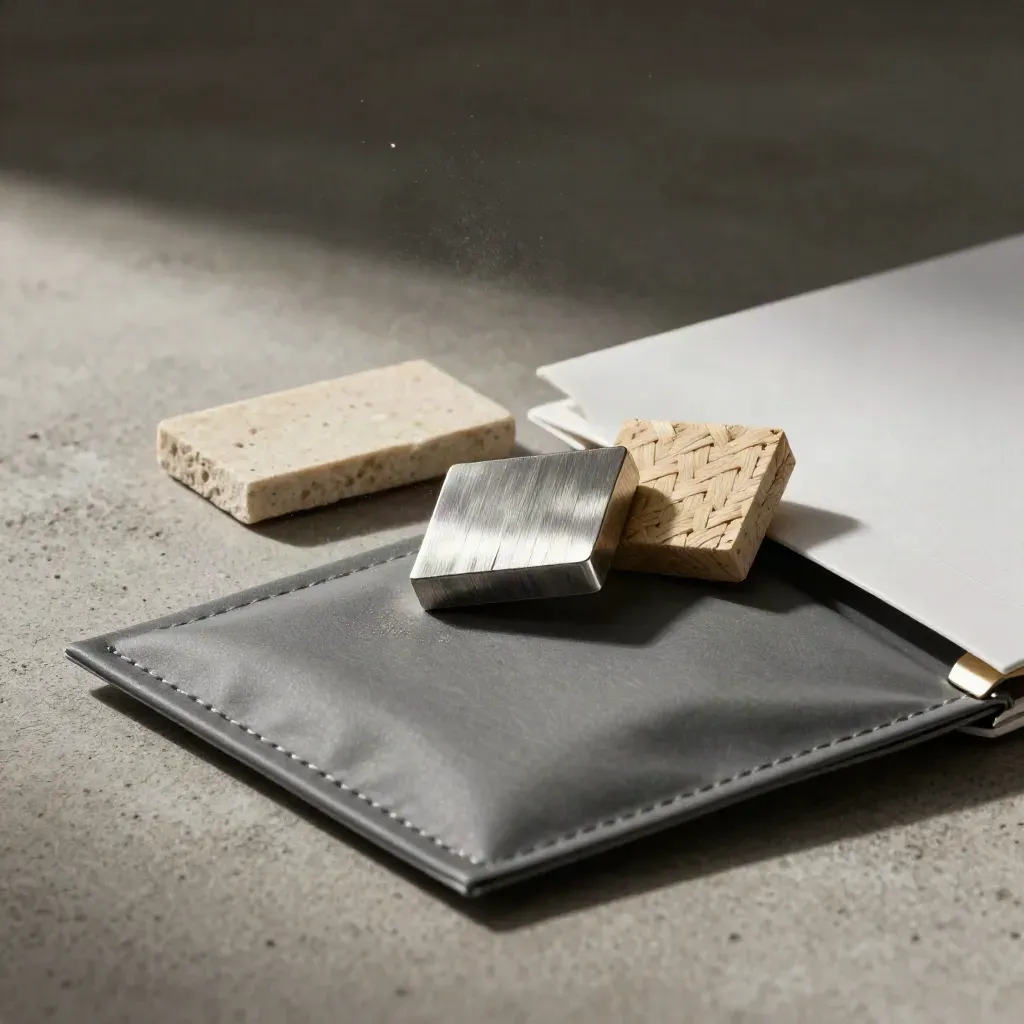 Kit échantillons fournisseurs en chute, pochette courrier scellée et dossier sur béton clair.