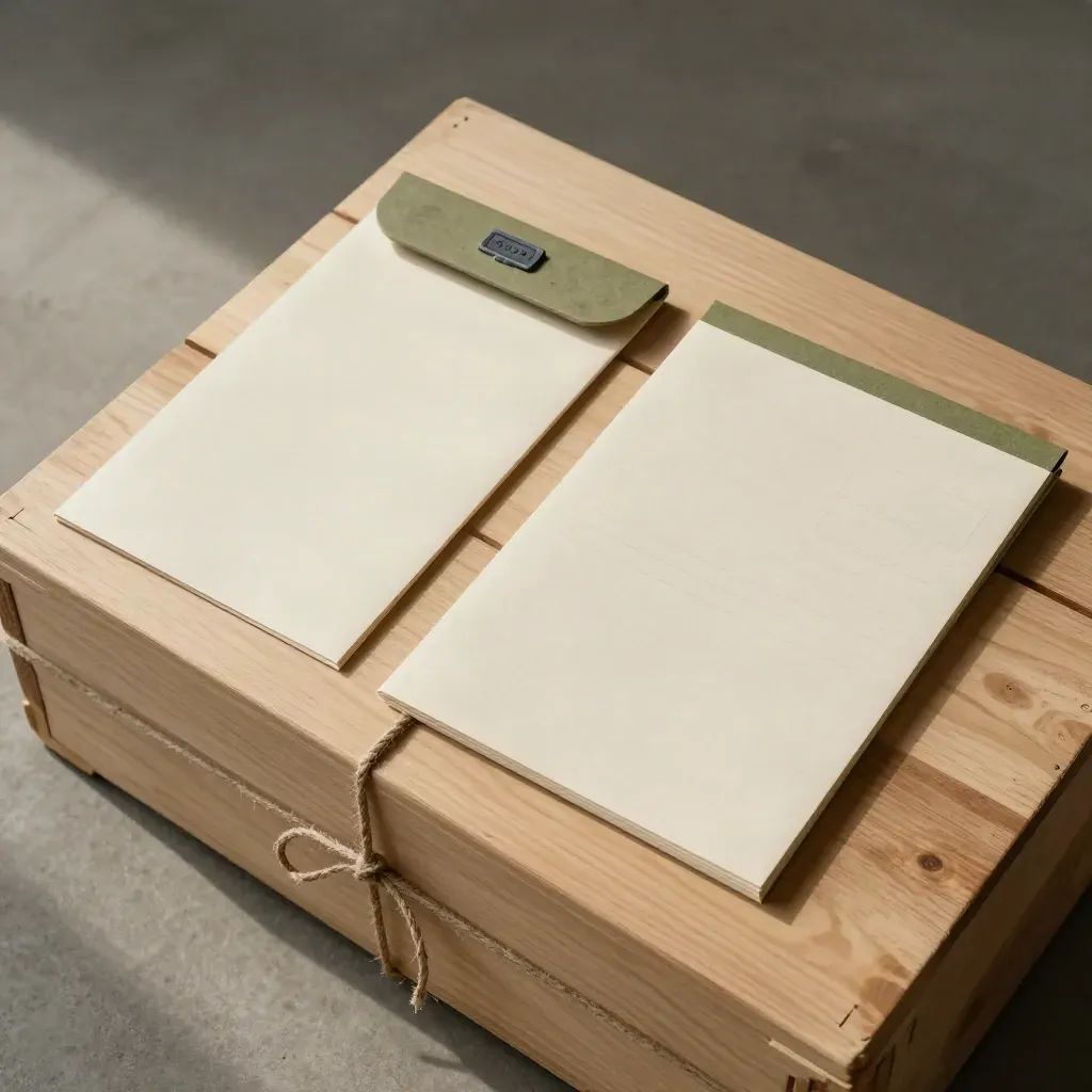 Kit documents export posé sur une caisse en bois, avec sangle et feuilles de transport.