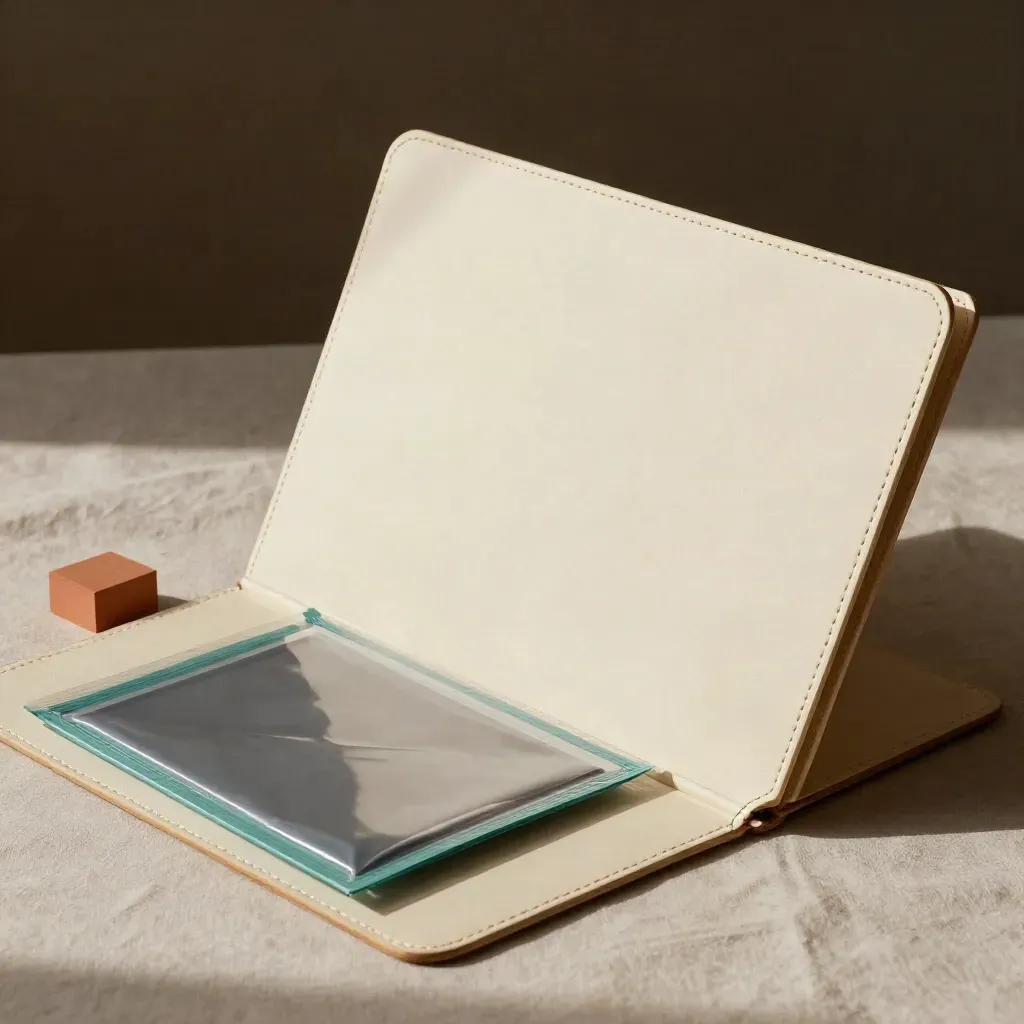 Dossier marché Mexique avec étui crème, pochettes scellées et toile de lin éclairées en biais.