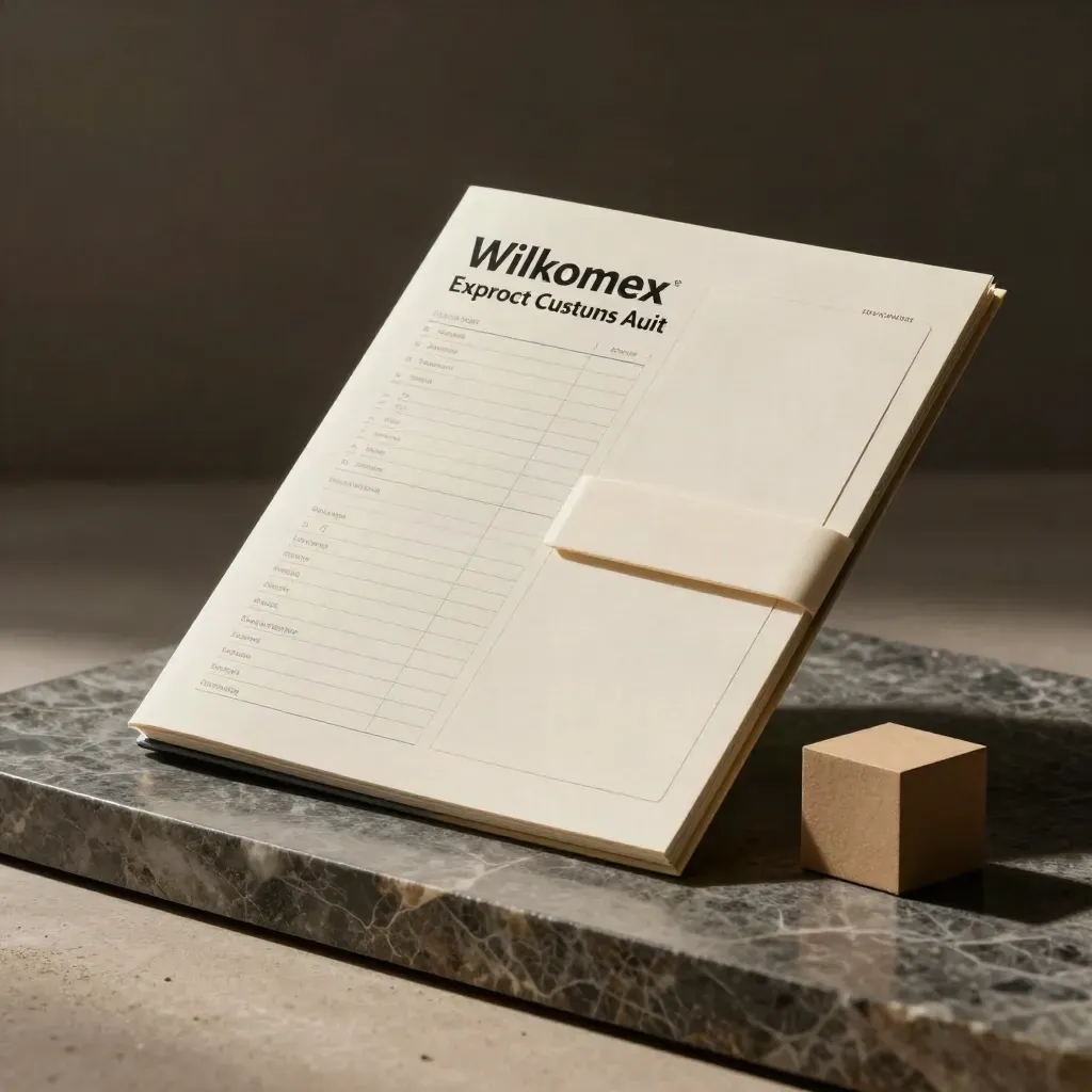 Dossier douane export, pochette scellée et cube d’échantillon sur pierre sombre.