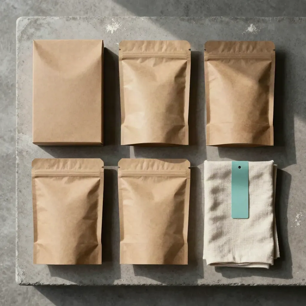 Flatlay de cartons d’échantillons, pochette test et tissu plié sur béton, lumière du haut.