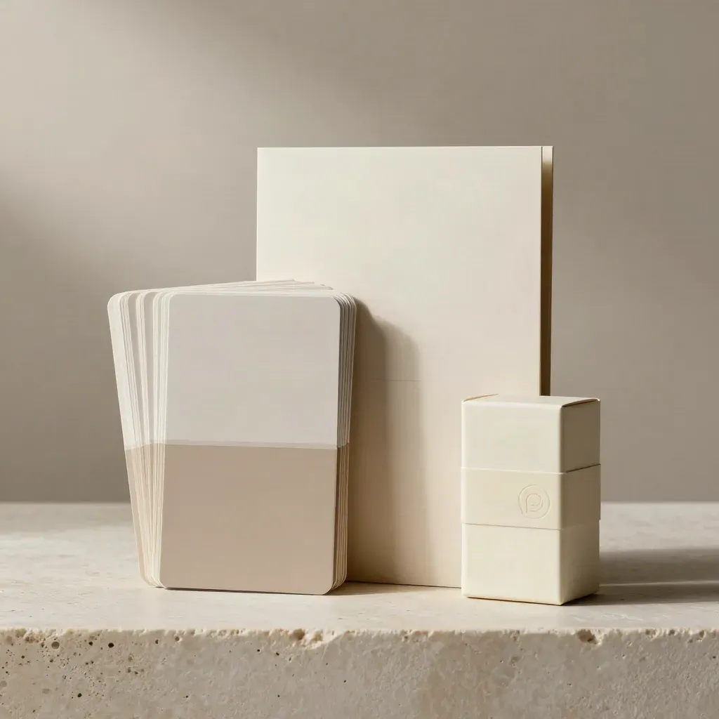 Cartes fournisseurs en éventail avec pochette courrier sur socle clair, style studio.