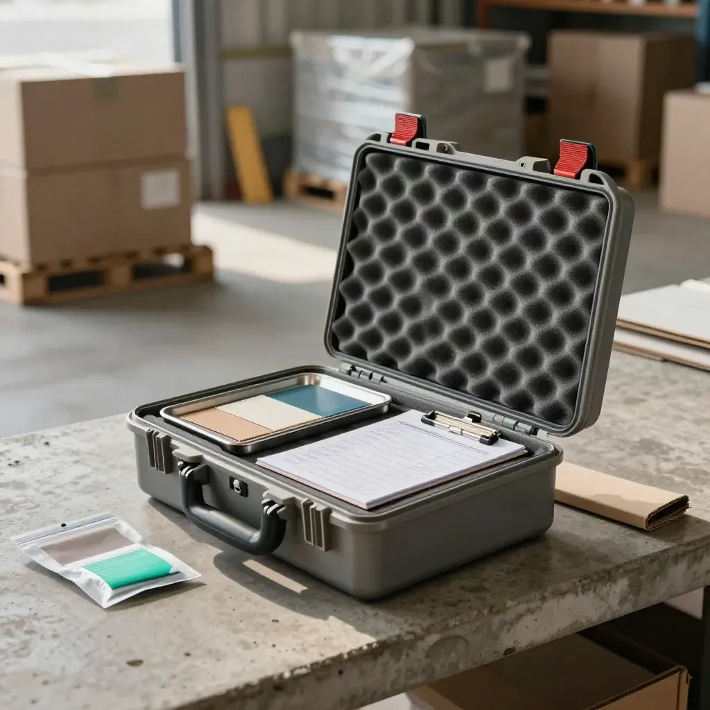 Kit d’inspection export ouvert sur établi en béton, avec plateau d’échantillons et lumière douce.