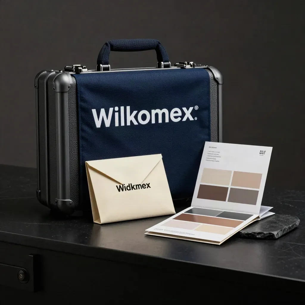 Kit de voyage salon avec valise compacte, bannière pliée et sachets d’échantillons.