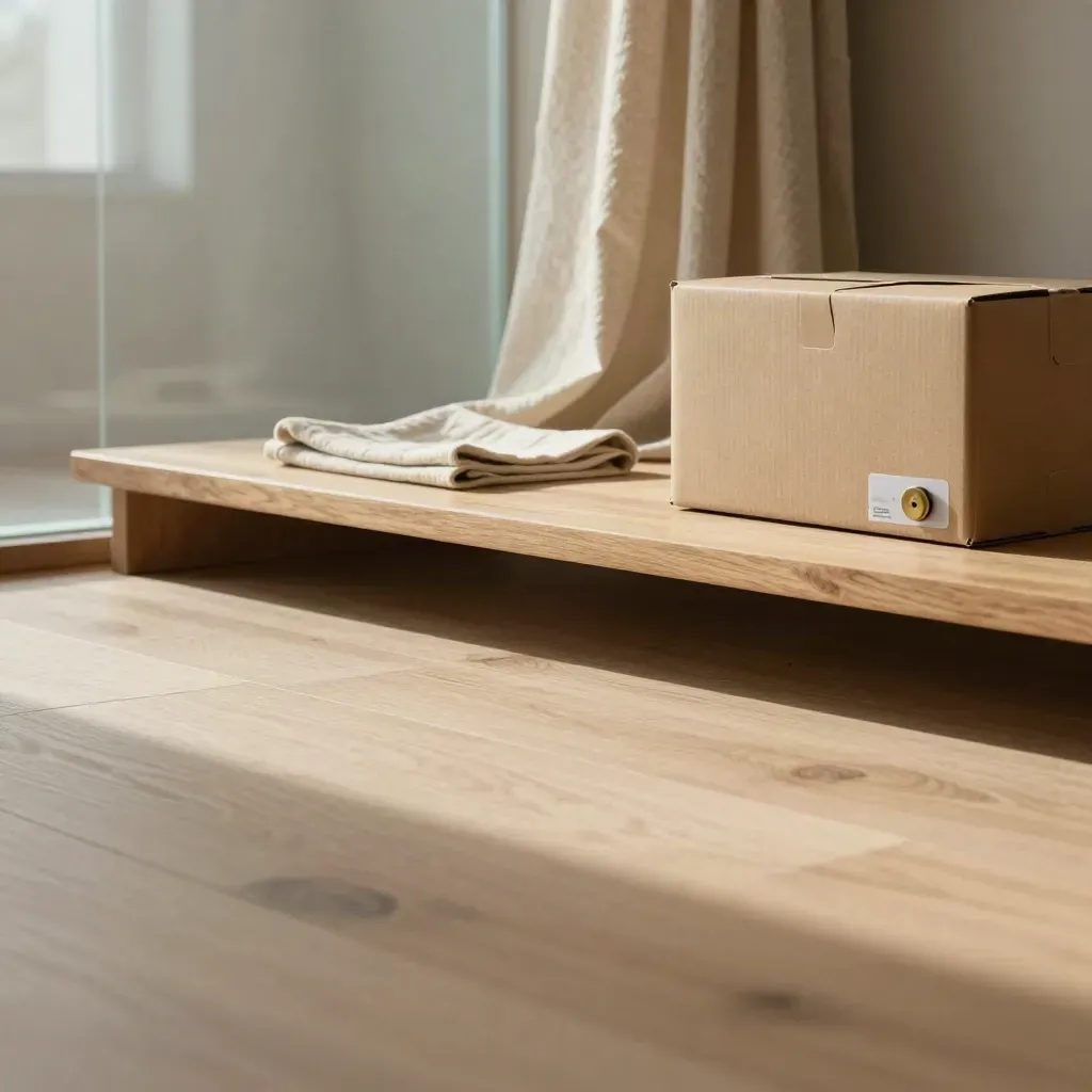 Cartons kraft, chêne clair et textiles flous dans une lumière matinale douce.