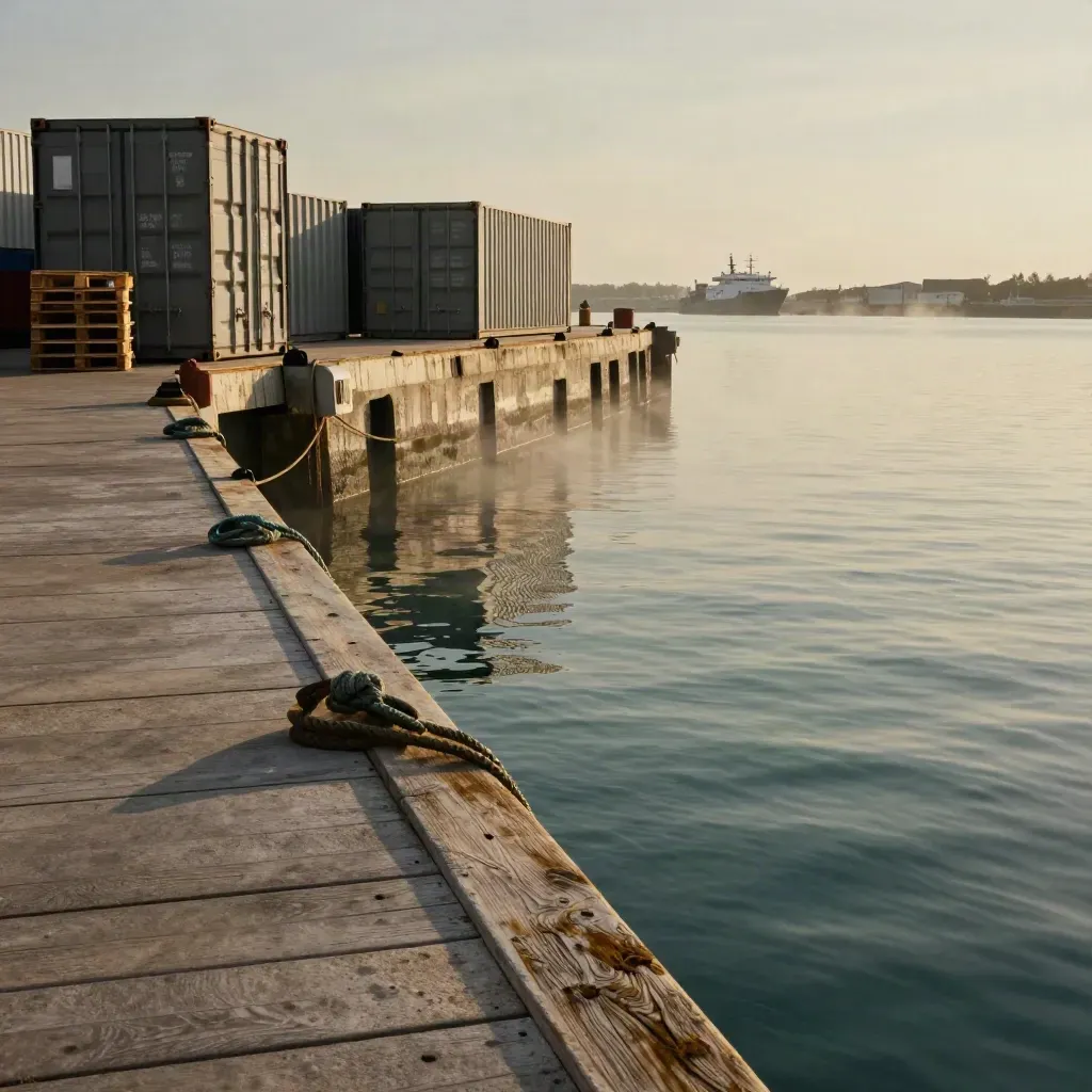 Quai portuaire au soleil couchant, conteneurs neutres et bateau lointain sur eau calme.