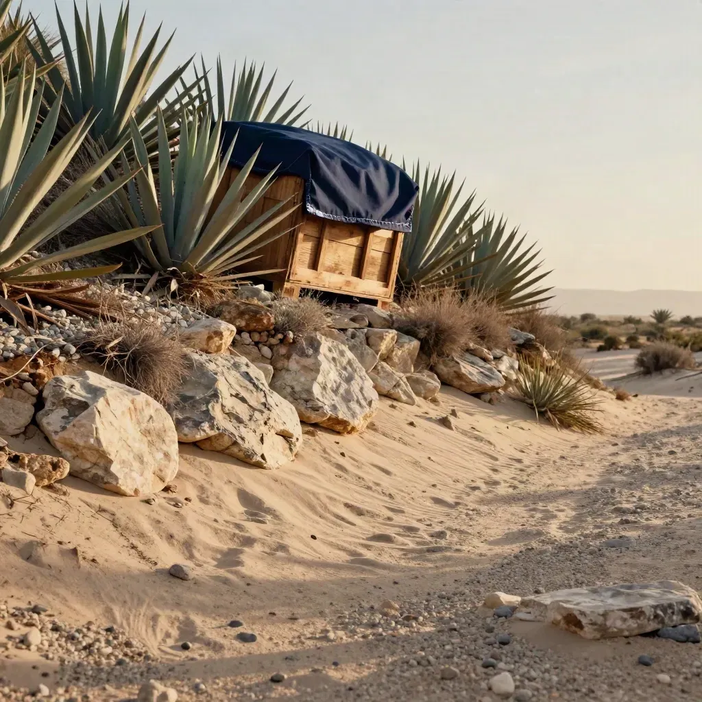 Pente d’agaves au bord du désert avec sentier de pierre, caisse de fret et horizon brumeux.