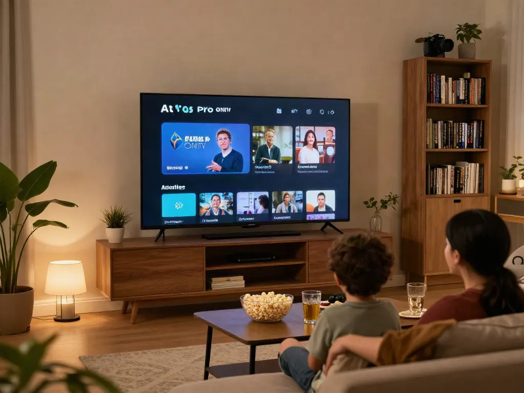 Famille regardant l'application atlas pro ontv sur un grand écran TV dans un salon moderne.