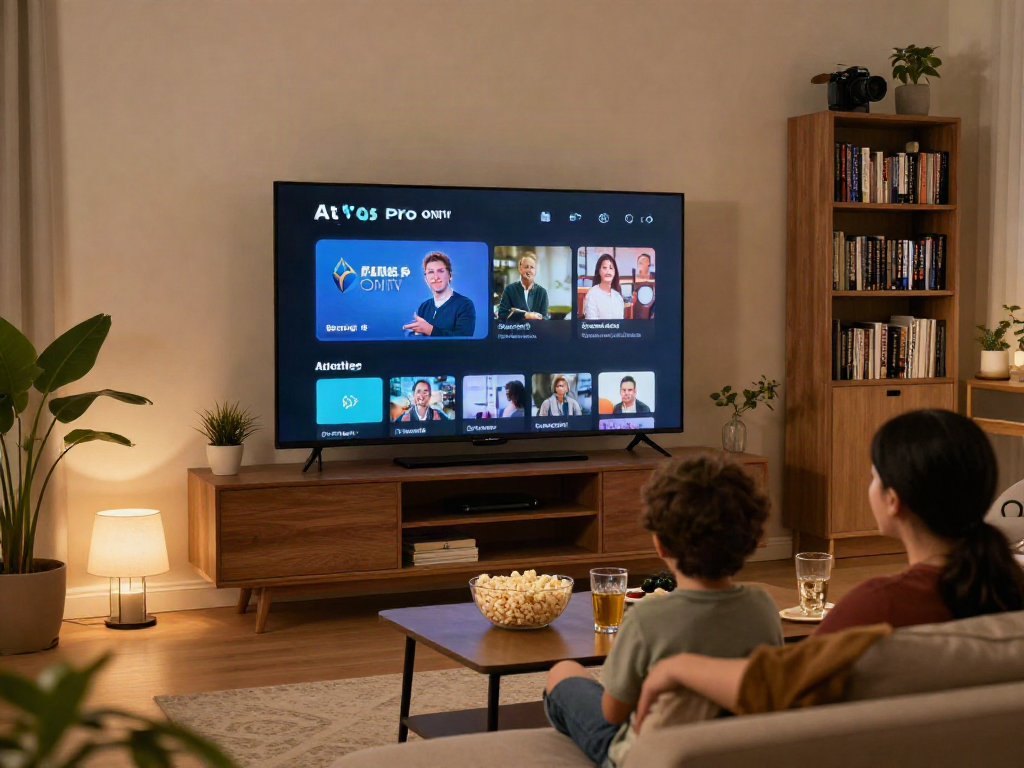 Famille regardant l'application atlas pro ontv sur un grand écran TV dans un salon moderne.